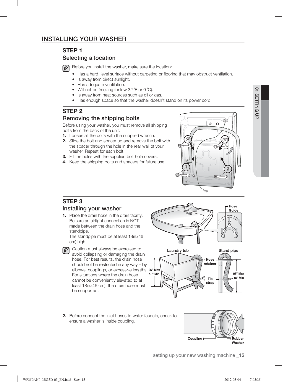 Installing your washer, Step 1 selecting a location, Step 2 removing the shipping bolts | Step 3 installing your washer | Samsung WF350ANR-XAA User Manual | Page 15 / 120