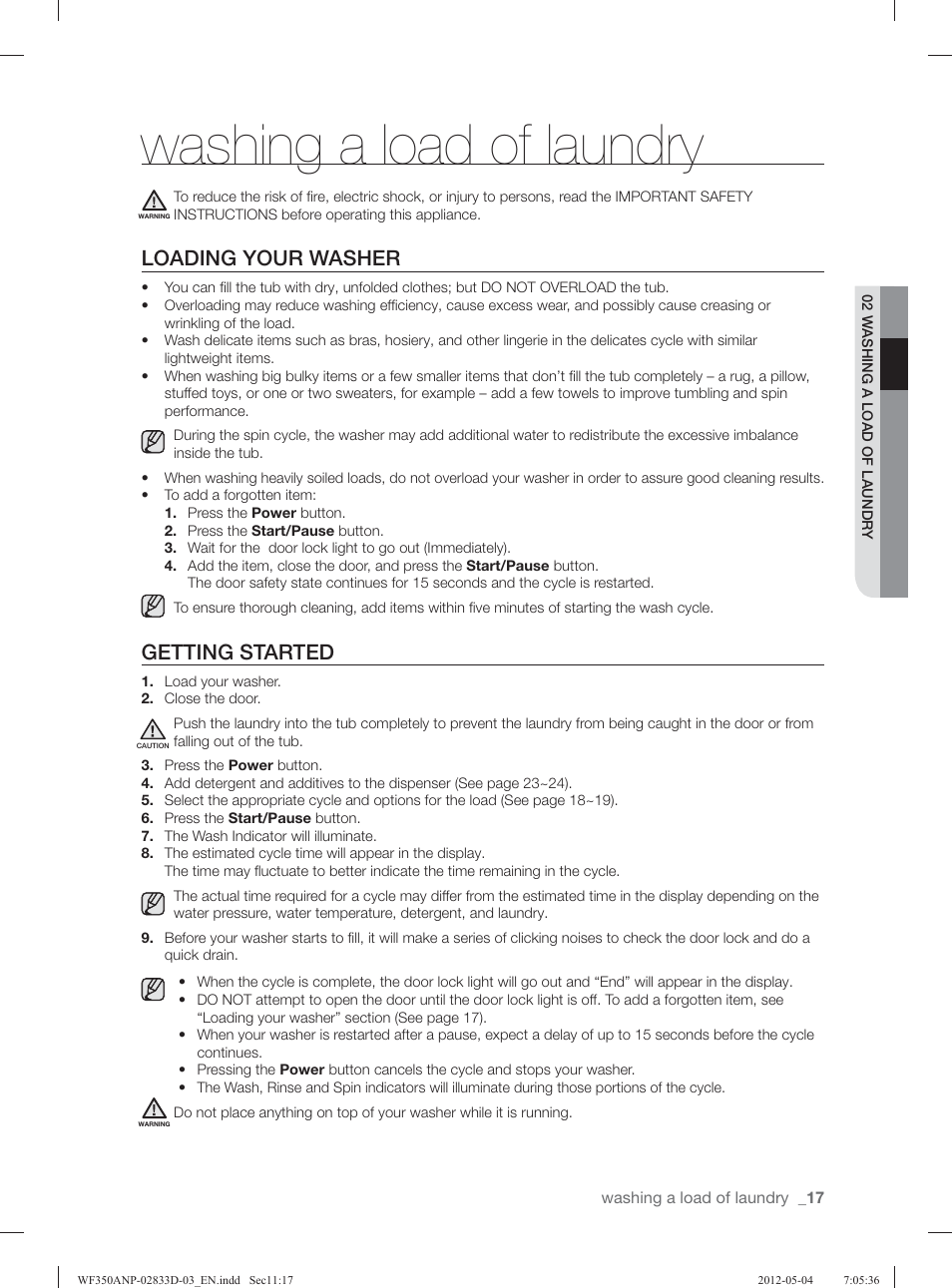 Washing a load of laundry, Loading your washer, Getting started | Samsung WF350ANR-XAA User Manual | Page 17 / 120