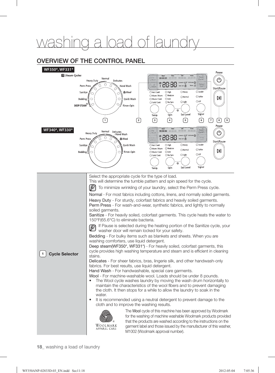 Washing a load of laundry, Overview of the control panel | Samsung WF350ANR-XAA User Manual | Page 18 / 120