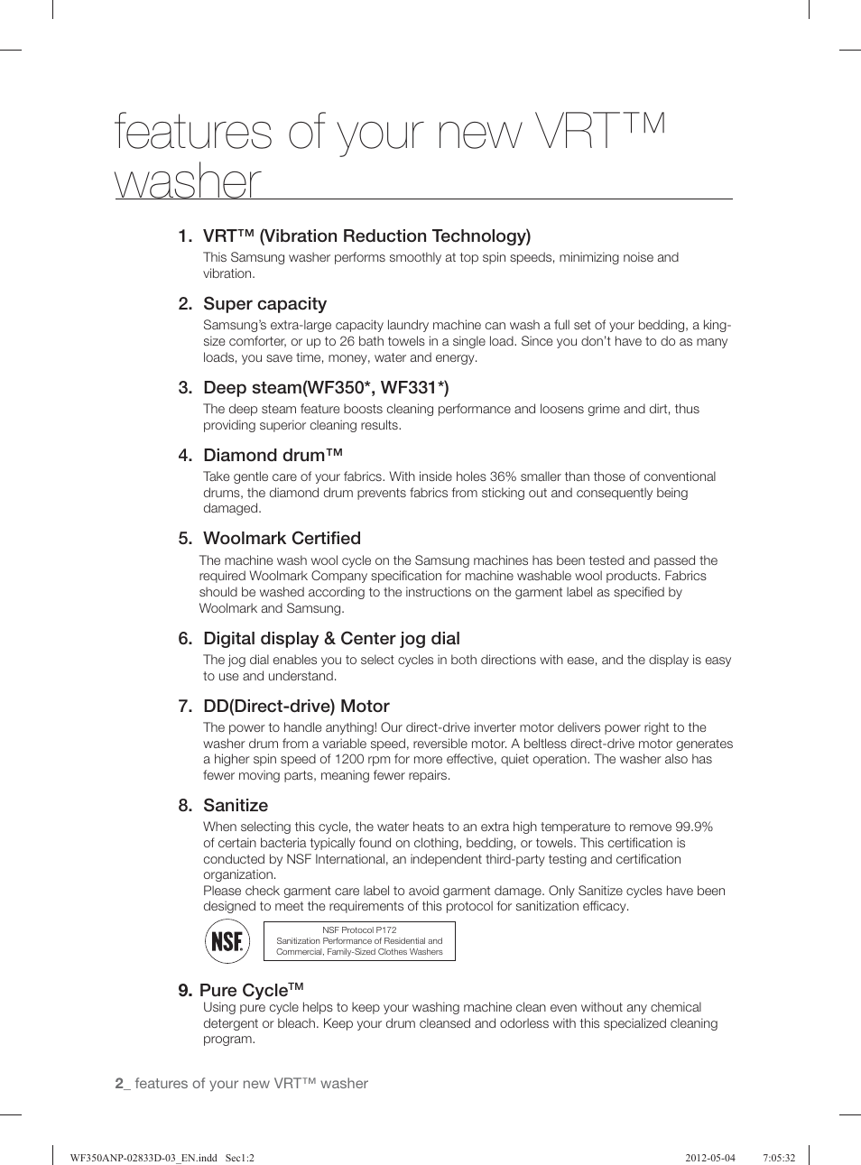Features of your new vrt™ washer | Samsung WF350ANR-XAA User Manual | Page 2 / 120
