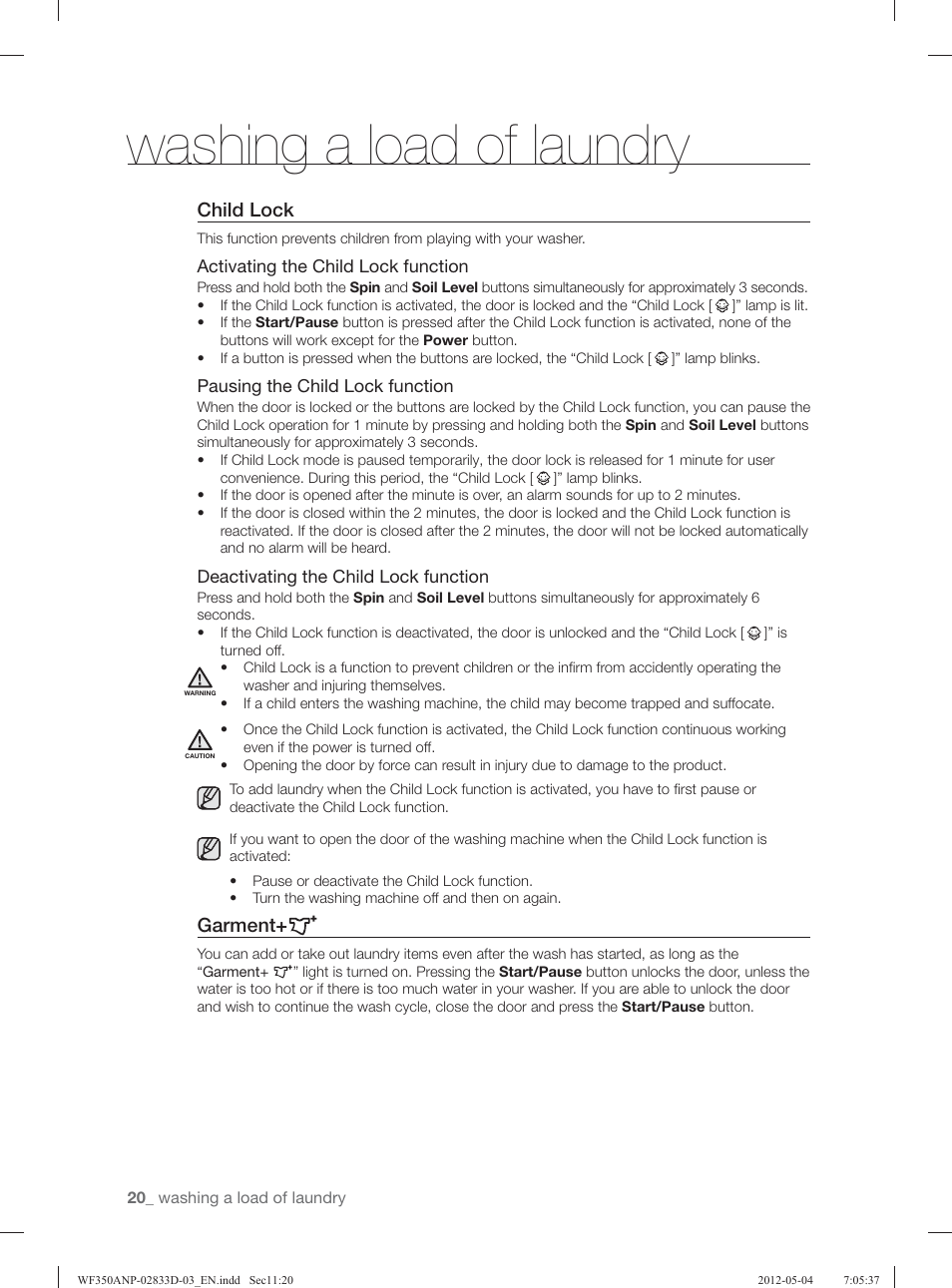 Washing a load of laundry, Child lock, Garment | Samsung WF350ANR-XAA User Manual | Page 20 / 120