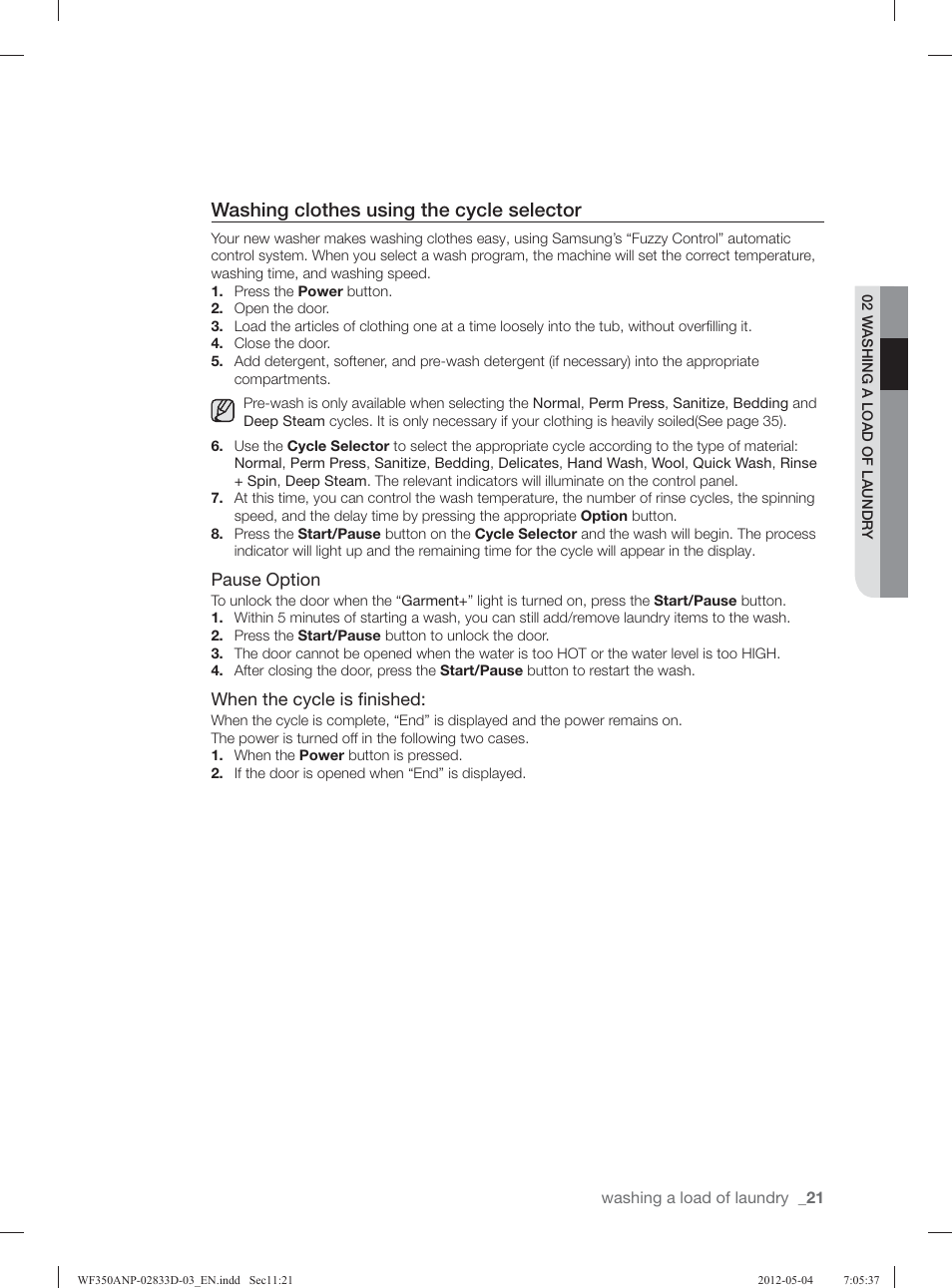 Washing clothes using the cycle selector | Samsung WF350ANR-XAA User Manual | Page 21 / 120