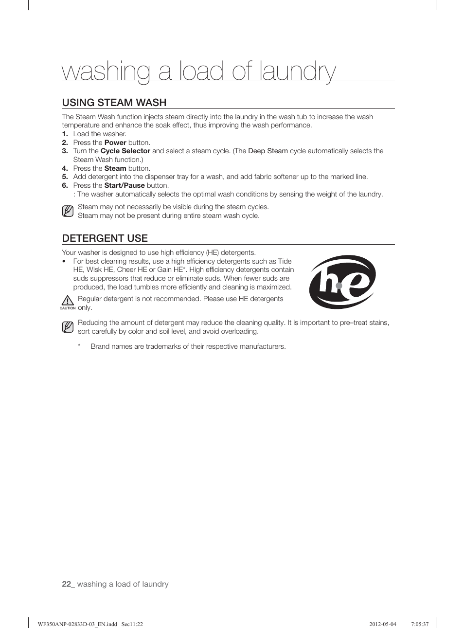 Washing a load of laundry, Using steam wash, Detergent use | Samsung WF350ANR-XAA User Manual | Page 22 / 120