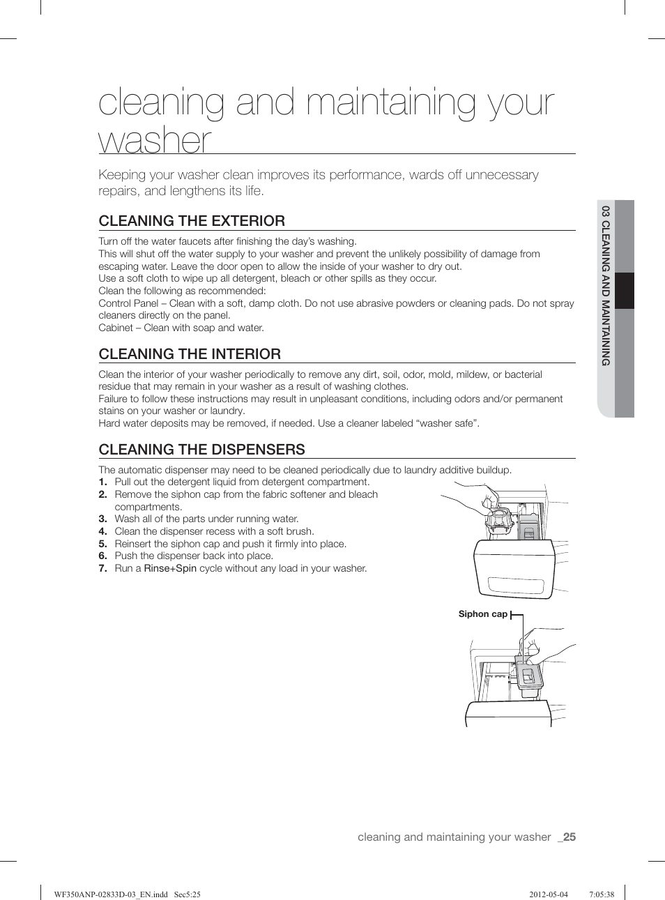 Cleaning and maintaining your washer, Cleaning the exterior, Cleaning the interior | Cleaning the dispensers | Samsung WF350ANR-XAA User Manual | Page 25 / 120