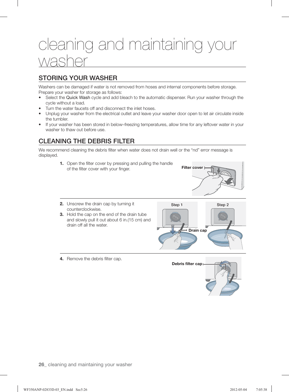 Cleaning and maintaining your washer, Storing your washer, Cleaning the debris filter | Samsung WF350ANR-XAA User Manual | Page 26 / 120