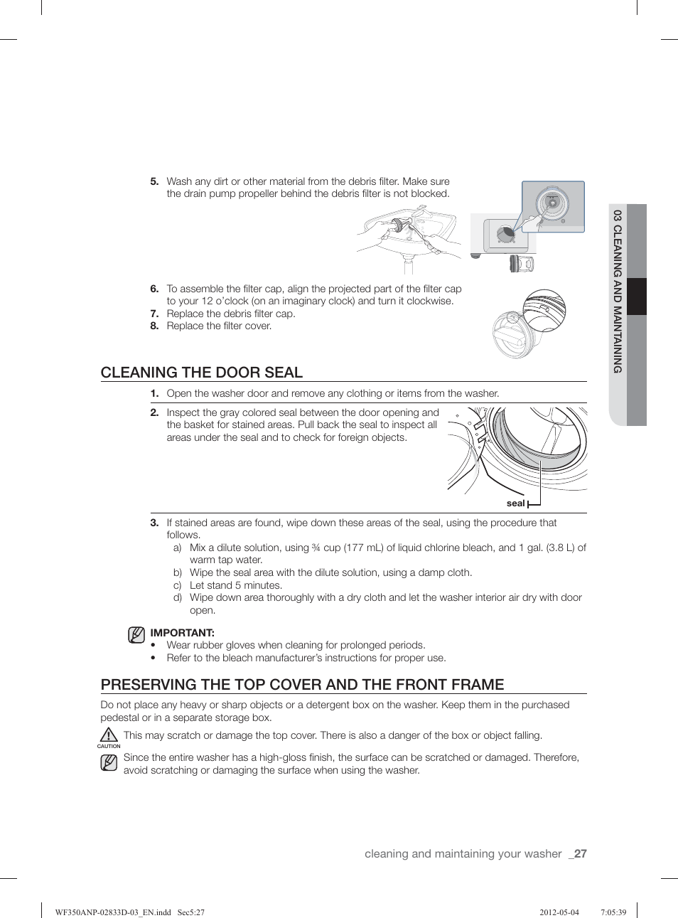 Cleaning the door seal, Preserving the top cover and the front frame | Samsung WF350ANR-XAA User Manual | Page 27 / 120