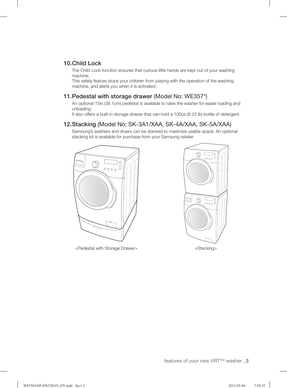 Child lock, Pedestal with storage drawer (model no: we357*) | Samsung WF350ANR-XAA User Manual | Page 3 / 120