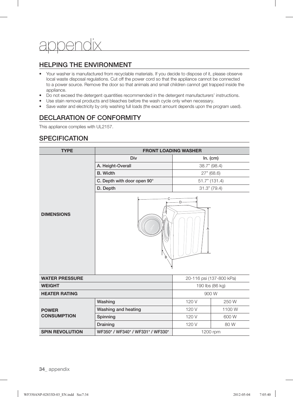 Appendix, Helping the environment, Declaration of conformity | Specification | Samsung WF350ANR-XAA User Manual | Page 34 / 120