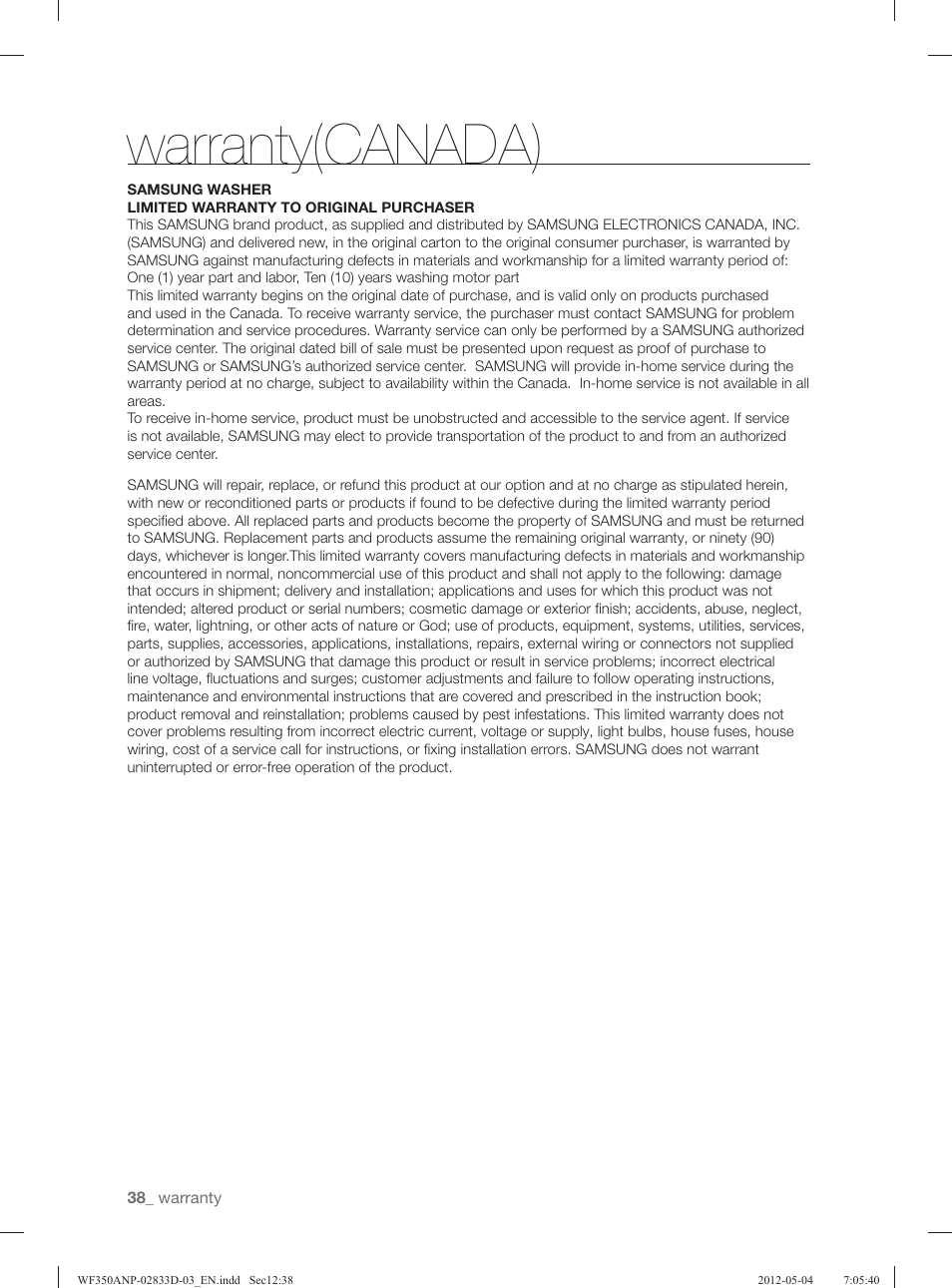 Warranty(canada) | Samsung WF350ANR-XAA User Manual | Page 38 / 120