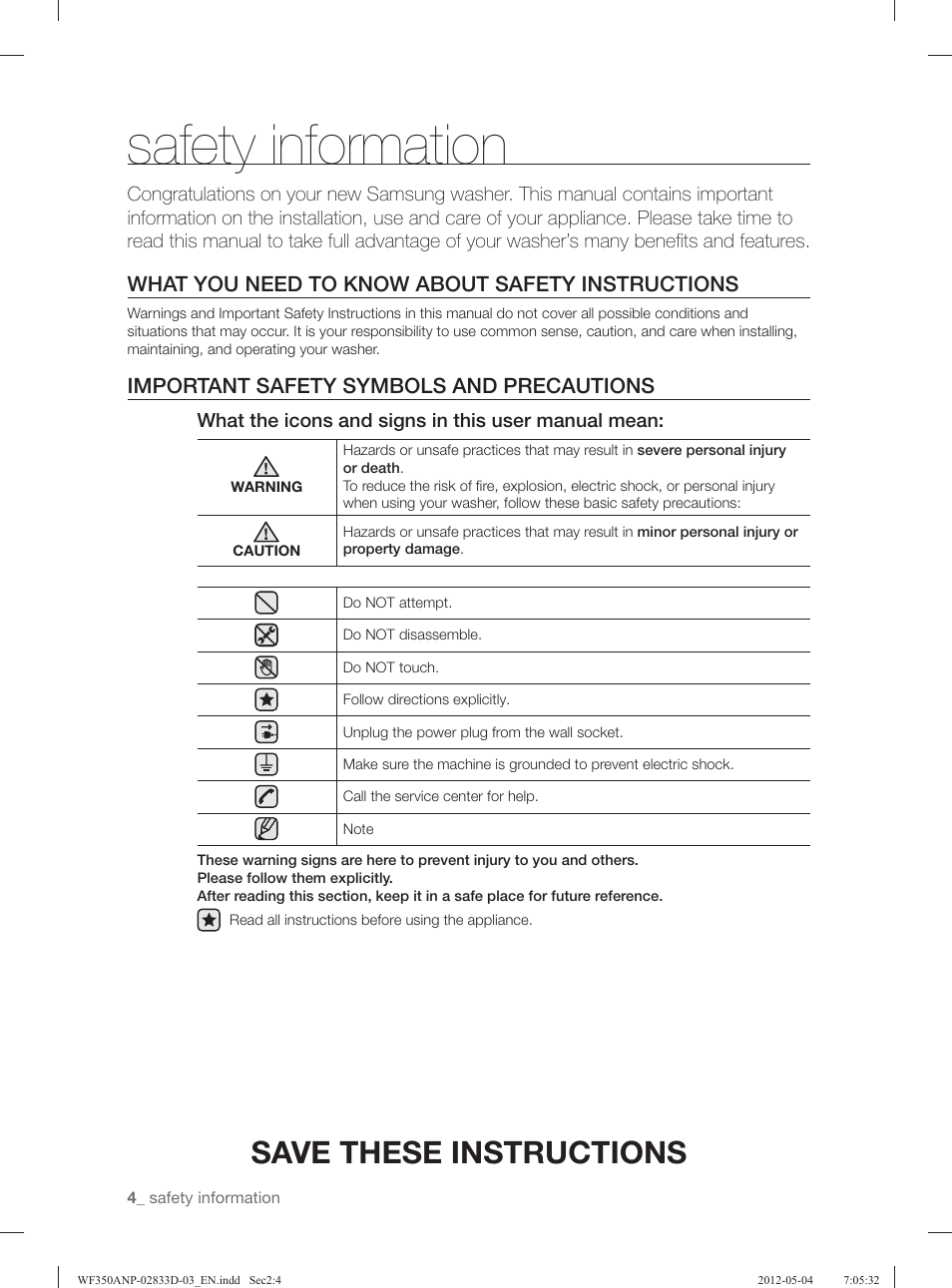 Safety information, Save these instructions, What you need to know about safety instructions | Important safety symbols and precautions | Samsung WF350ANR-XAA User Manual | Page 4 / 120