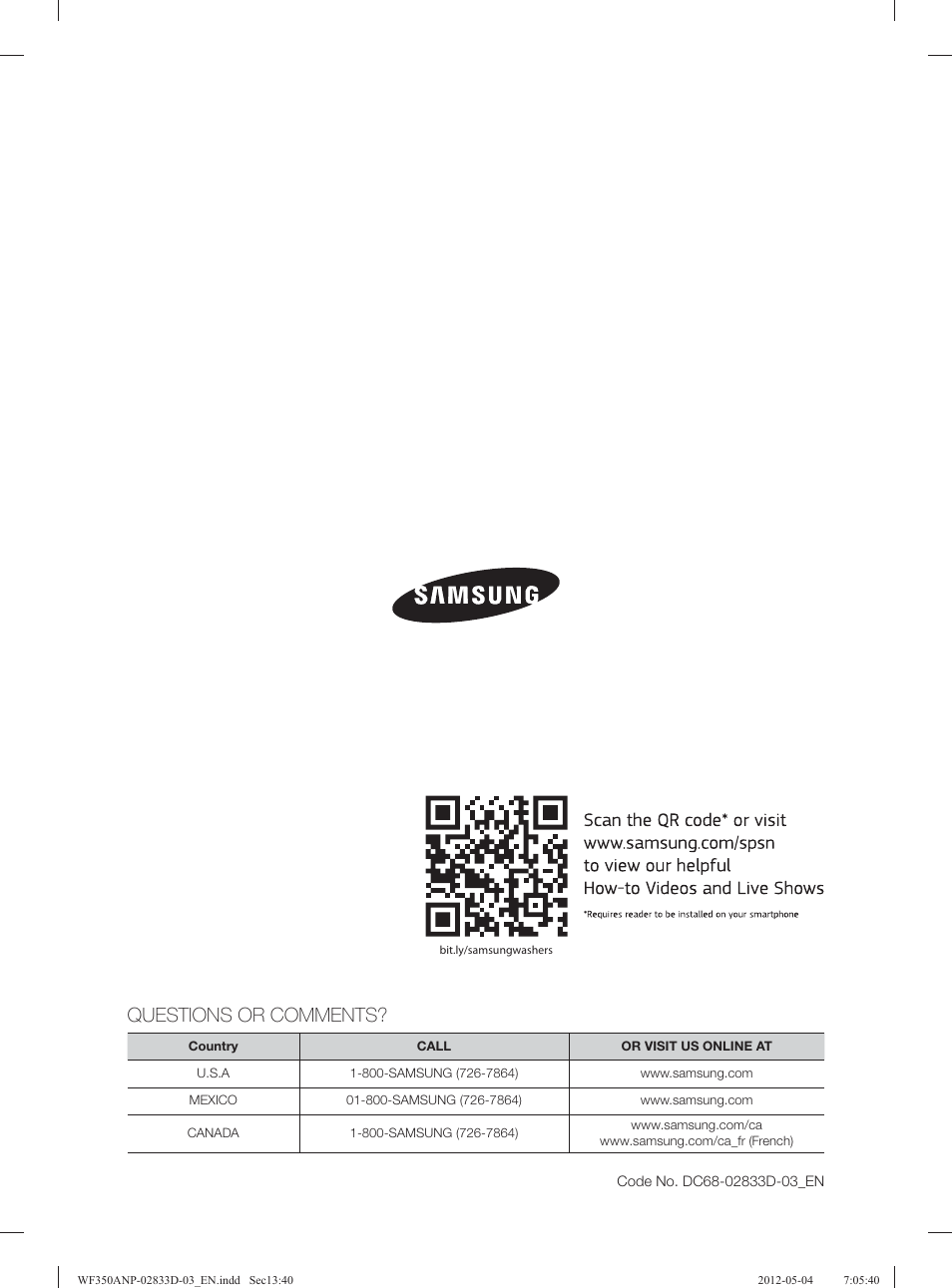 Questions or comments | Samsung WF350ANR-XAA User Manual | Page 40 / 120