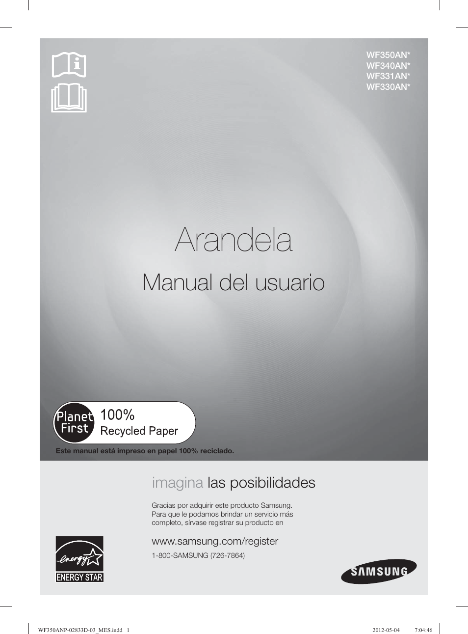 Arandela, Manual del usuario, Imagina las posibilidades | Samsung WF350ANR-XAA User Manual | Page 41 / 120