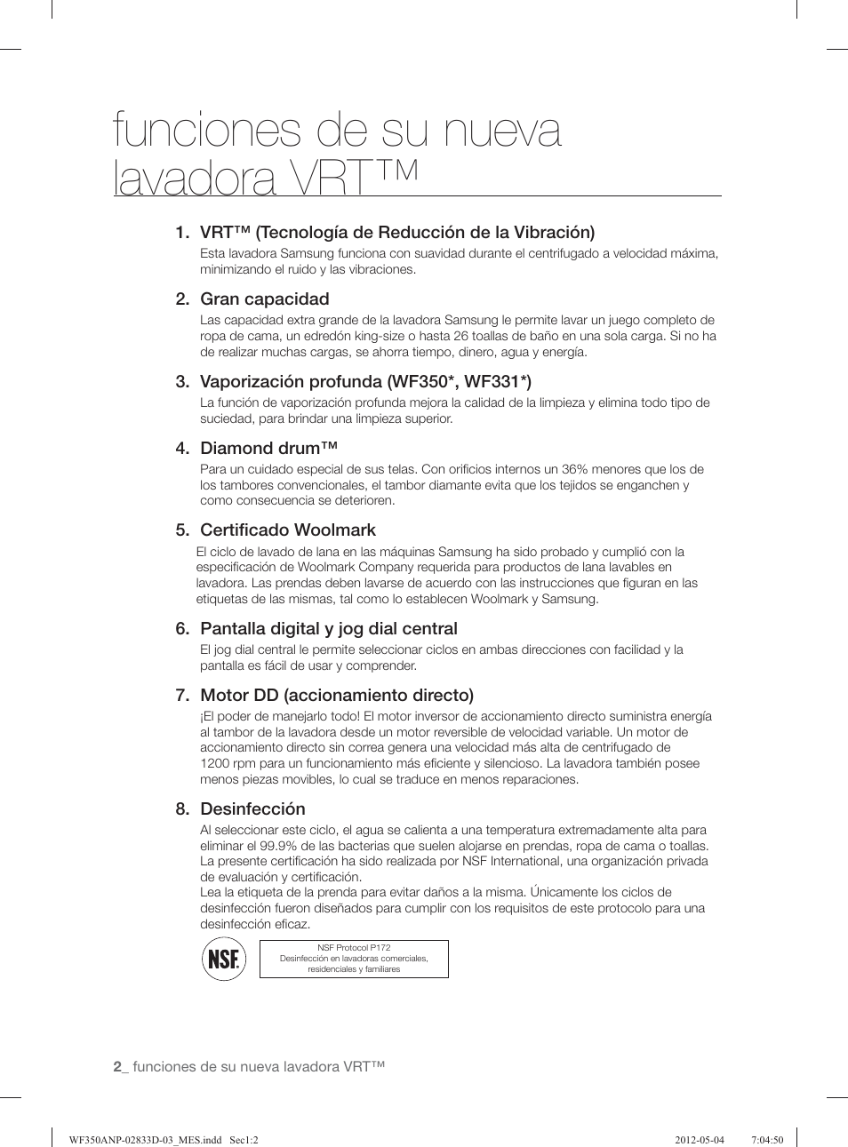 Funciones de su nueva lavadora vrt | Samsung WF350ANR-XAA User Manual | Page 42 / 120