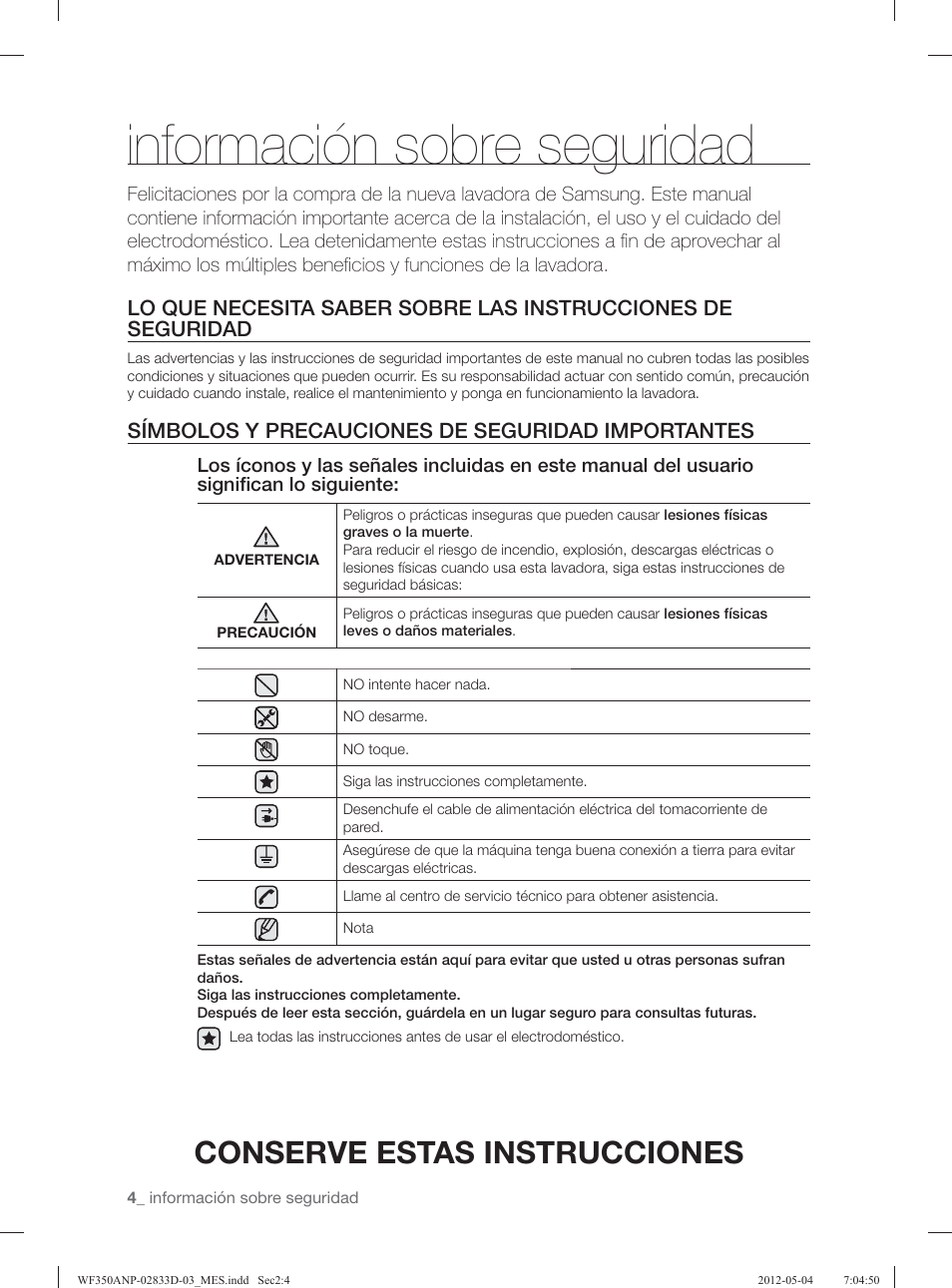 Información sobre seguridad, Conserve estas instrucciones, Símbolos y precauciones de seguridad importantes | Samsung WF350ANR-XAA User Manual | Page 44 / 120