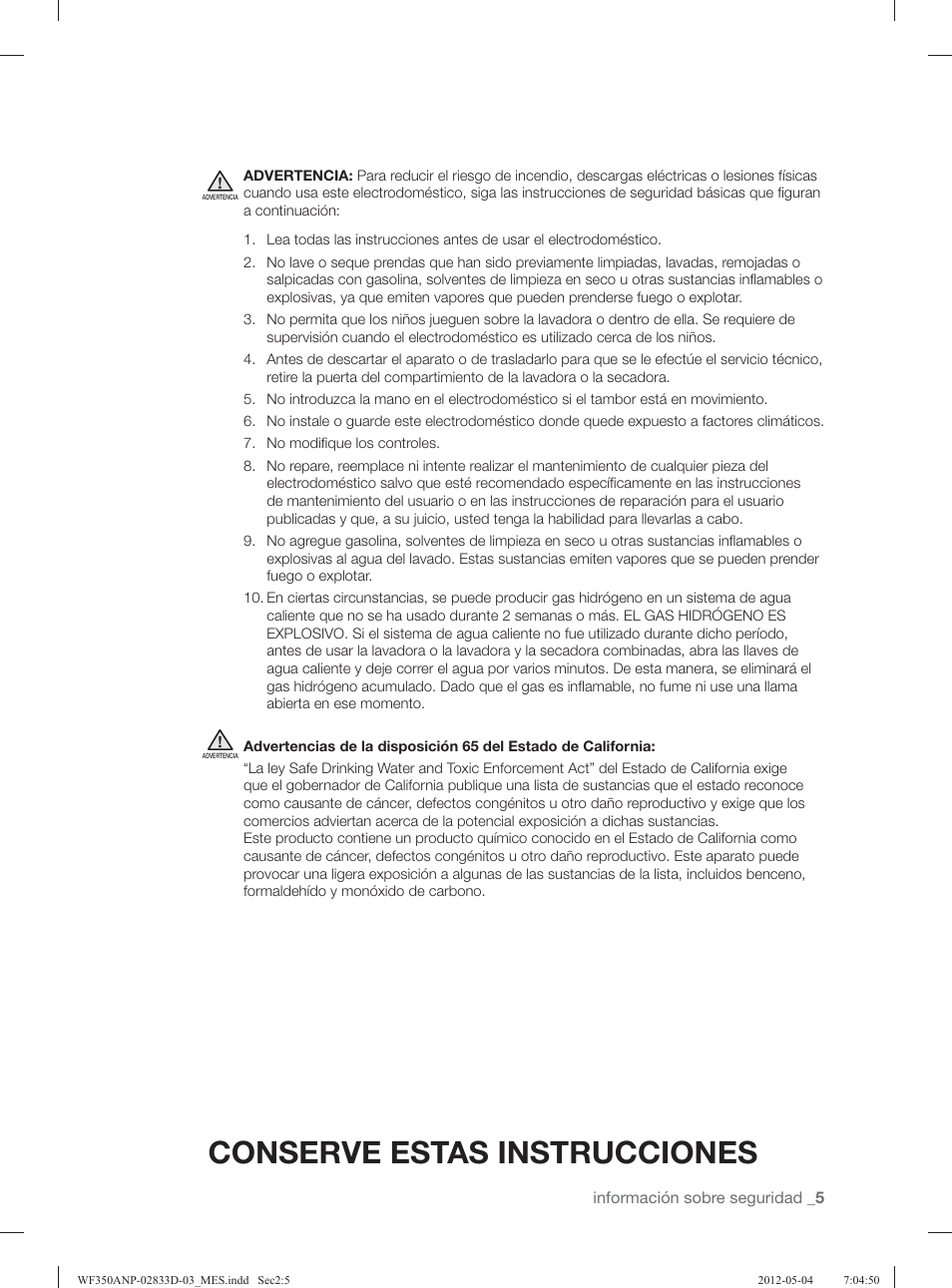 Conserve estas instrucciones | Samsung WF350ANR-XAA User Manual | Page 45 / 120