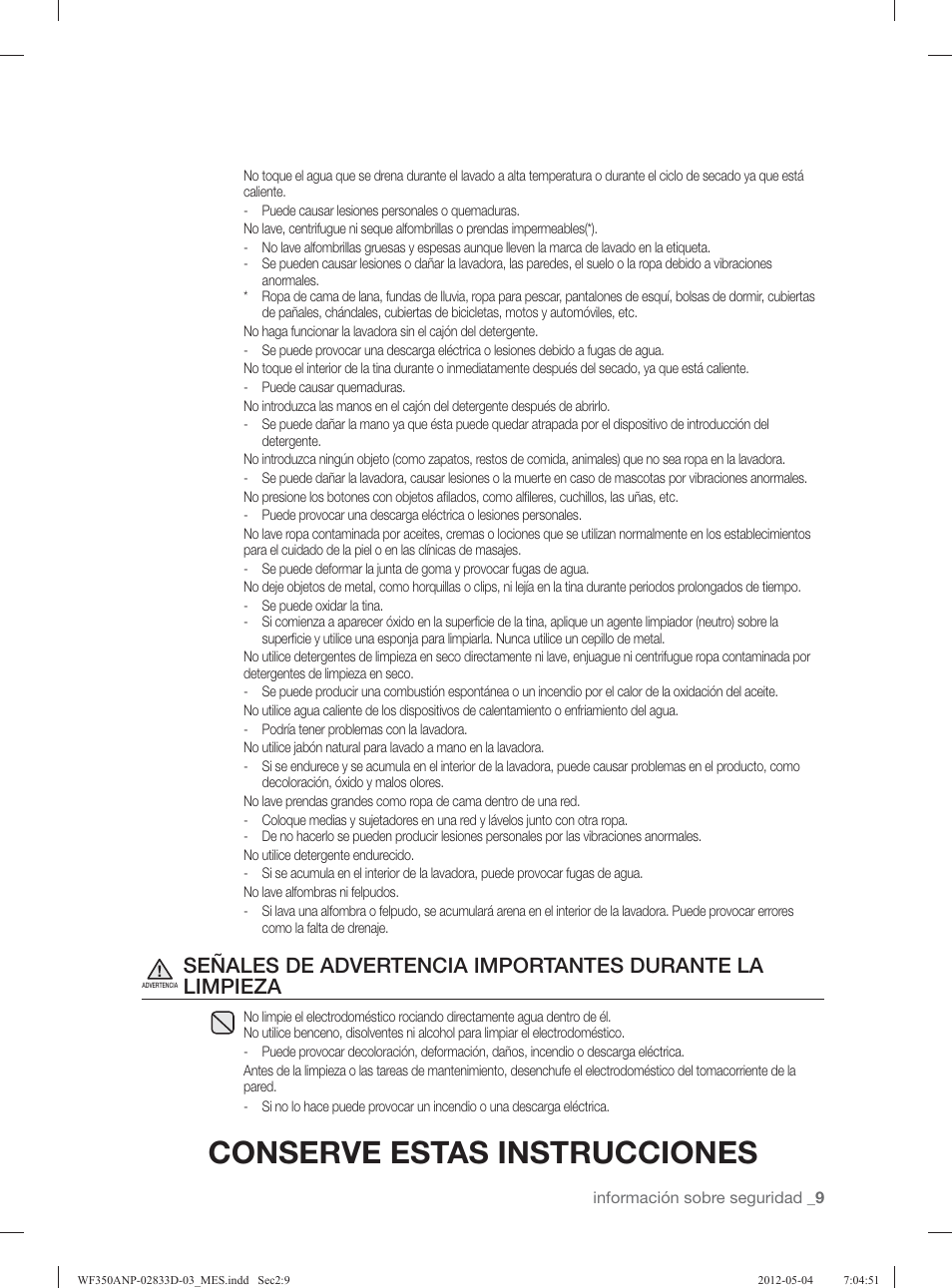 Conserve estas instrucciones | Samsung WF350ANR-XAA User Manual | Page 49 / 120