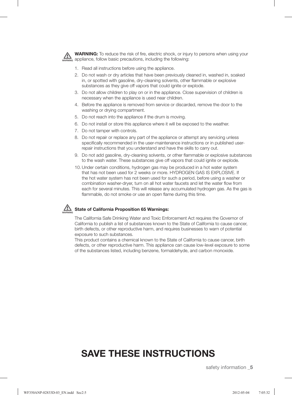 Save these instructions | Samsung WF350ANR-XAA User Manual | Page 5 / 120