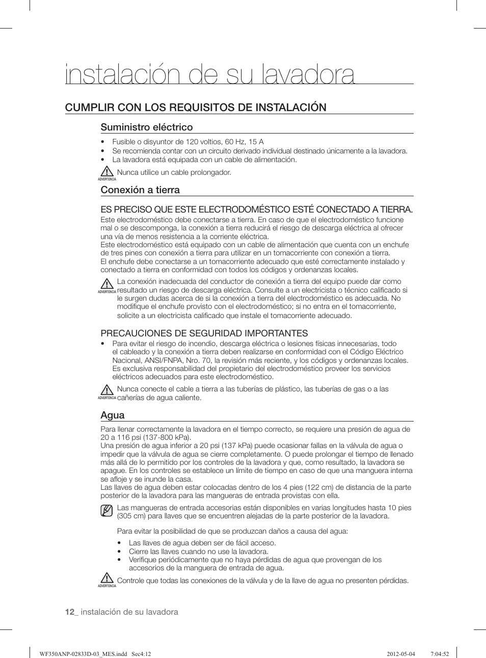 Instalación de su lavadora, Cumplir con los requisitos de instalación, Suministro eléctrico | Conexión a tierra, Agua | Samsung WF350ANR-XAA User Manual | Page 52 / 120