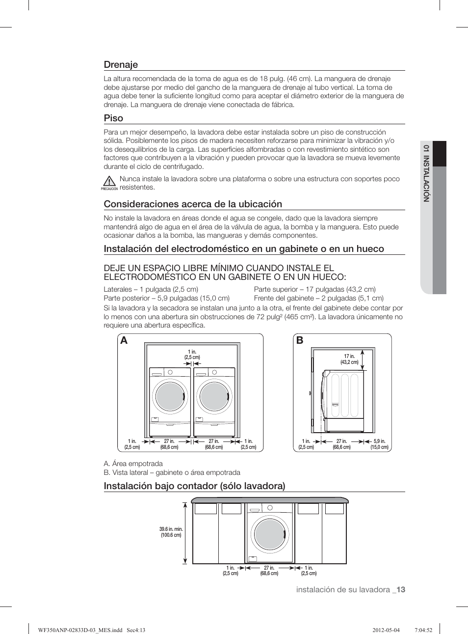 Drenaje, Piso, Consideraciones acerca de la ubicación | Instalación bajo contador (sólo lavadora) | Samsung WF350ANR-XAA User Manual | Page 53 / 120