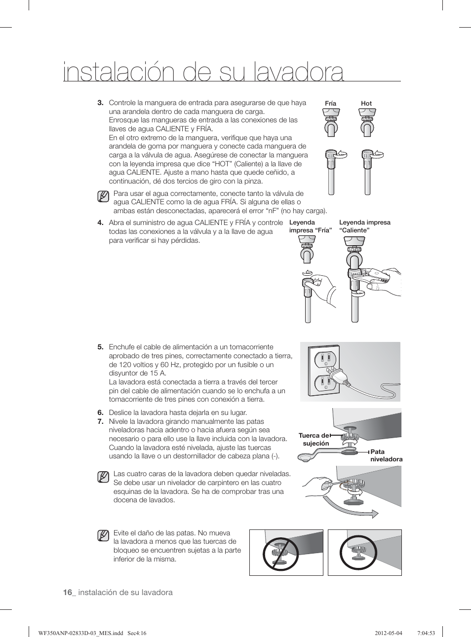 Instalación de su lavadora | Samsung WF350ANR-XAA User Manual | Page 56 / 120