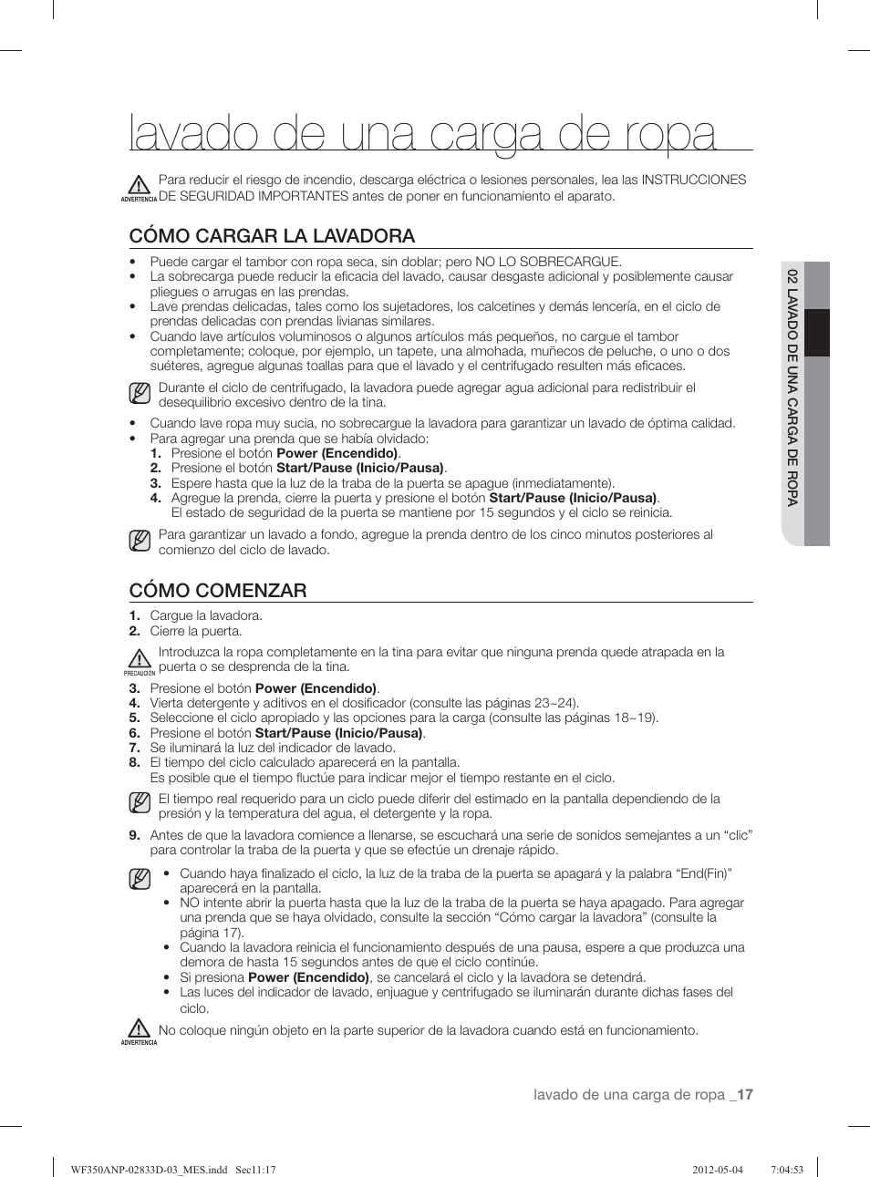 Lavado de una carga de ropa, Cómo cargar la lavadora, Cómo comenzar | Samsung WF350ANR-XAA User Manual | Page 57 / 120
