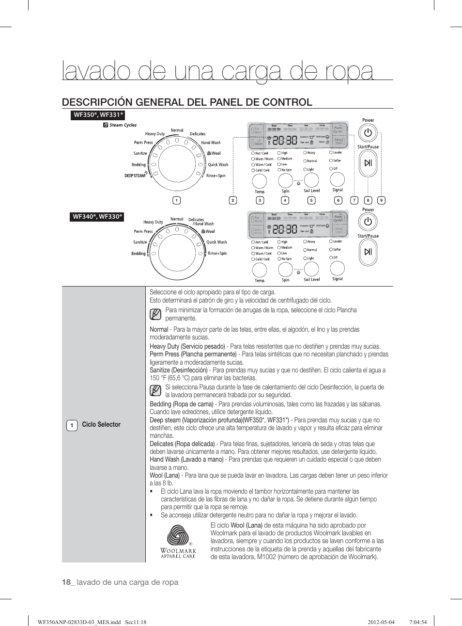 Lavado de una carga de ropa, Descripción general del panel de control | Samsung WF350ANR-XAA User Manual | Page 58 / 120