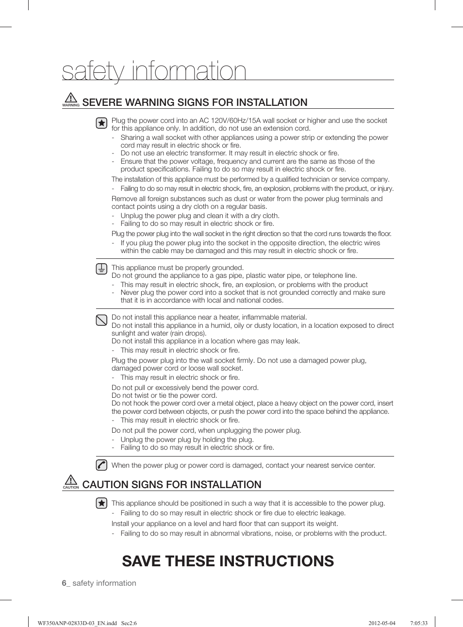 Safety information, Save these instructions, Severe warning signs for installation | Caution signs for installation | Samsung WF350ANR-XAA User Manual | Page 6 / 120