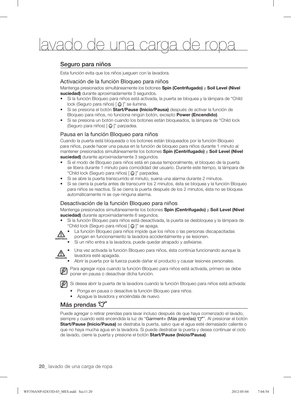Lavado de una carga de ropa, Seguro para niños, Más prendas | Samsung WF350ANR-XAA User Manual | Page 60 / 120