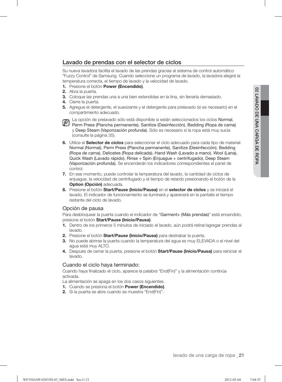 Lavado de prendas con el selector de ciclos | Samsung WF350ANR-XAA User Manual | Page 61 / 120