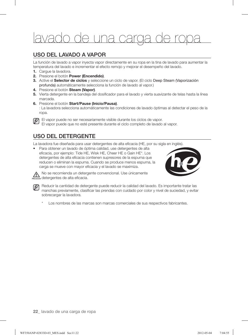 Lavado de una carga de ropa, Uso del lavado a vapor, Uso del detergente | Samsung WF350ANR-XAA User Manual | Page 62 / 120