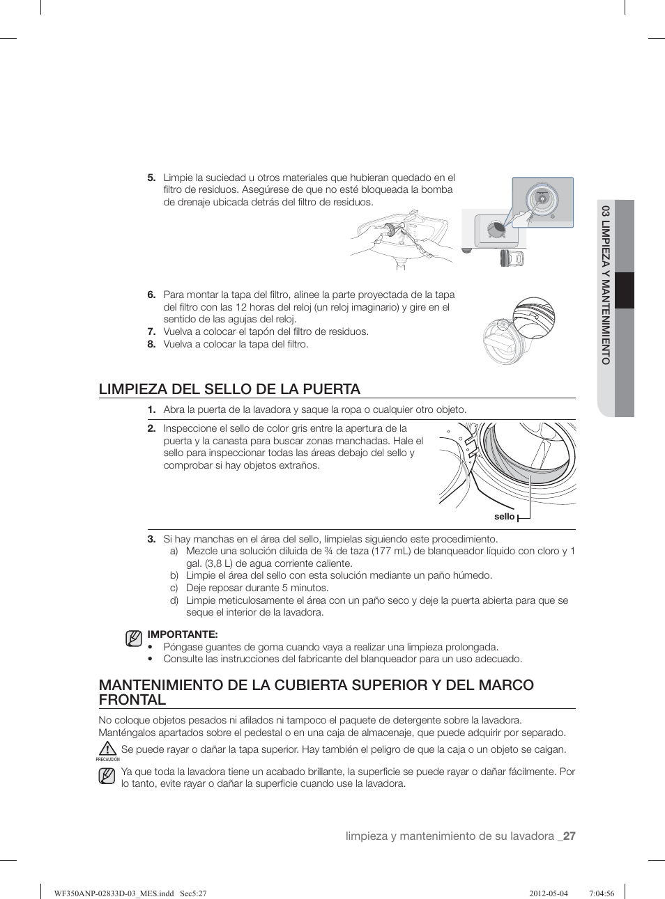 Limpieza del sello de la puerta | Samsung WF350ANR-XAA User Manual | Page 67 / 120