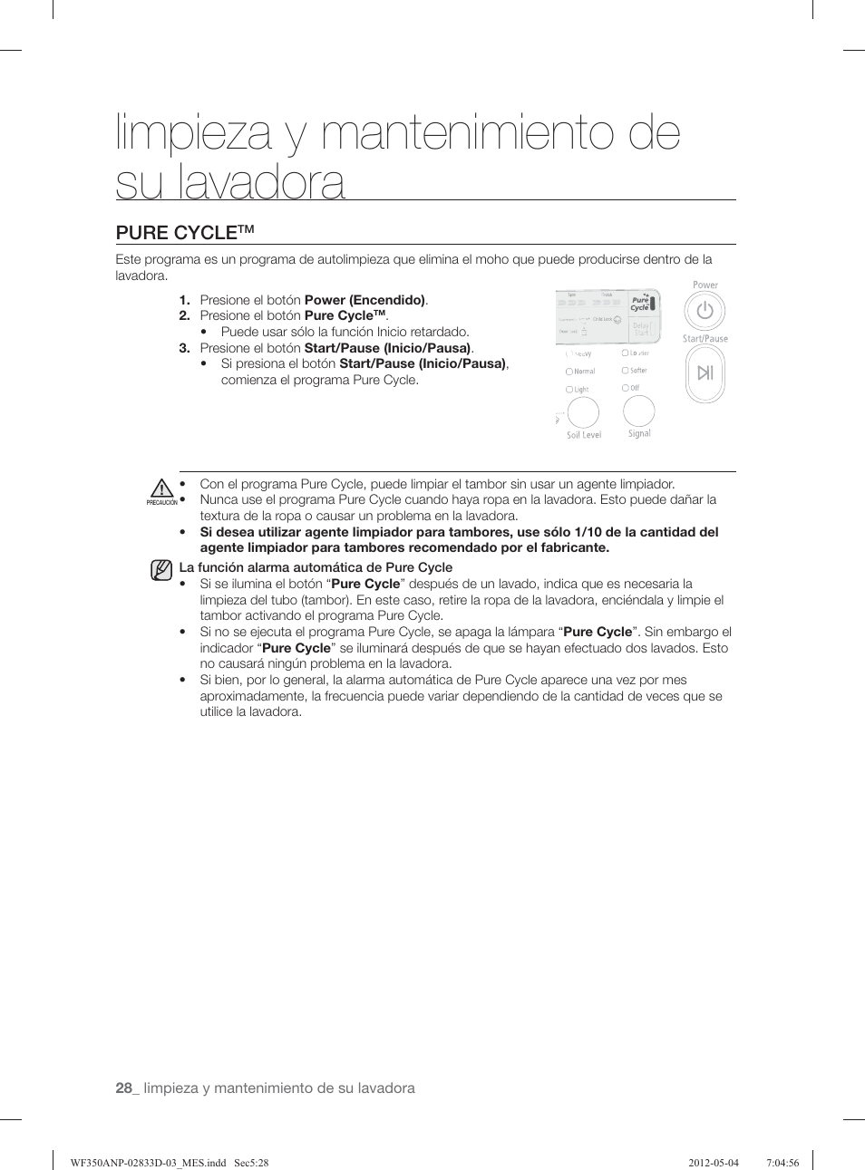 Limpieza y mantenimiento de su lavadora, Pure cycle | Samsung WF350ANR-XAA User Manual | Page 68 / 120