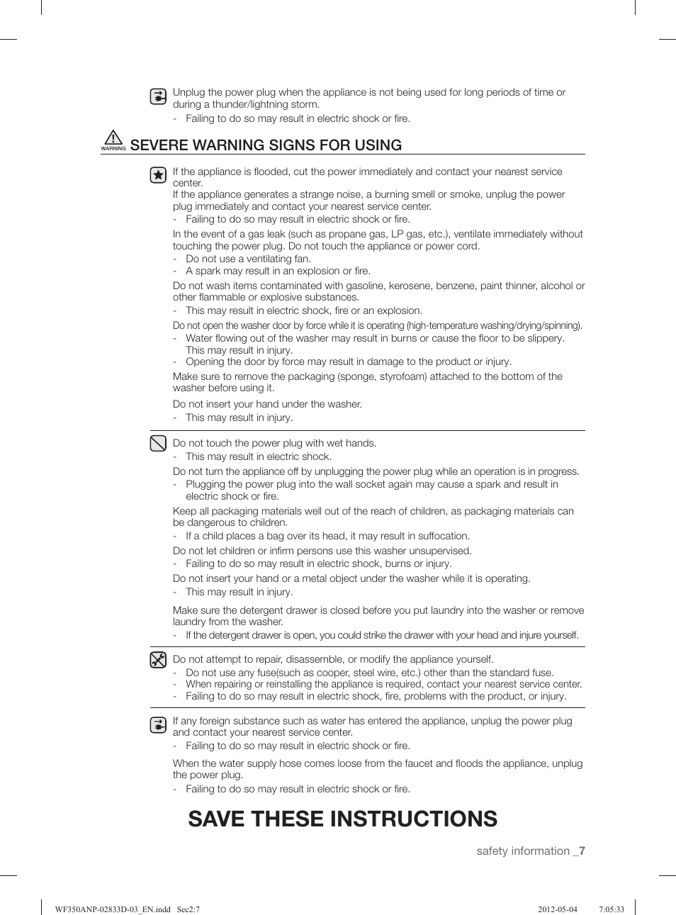 Save these instructions, Severe warning signs for using | Samsung WF350ANR-XAA User Manual | Page 7 / 120