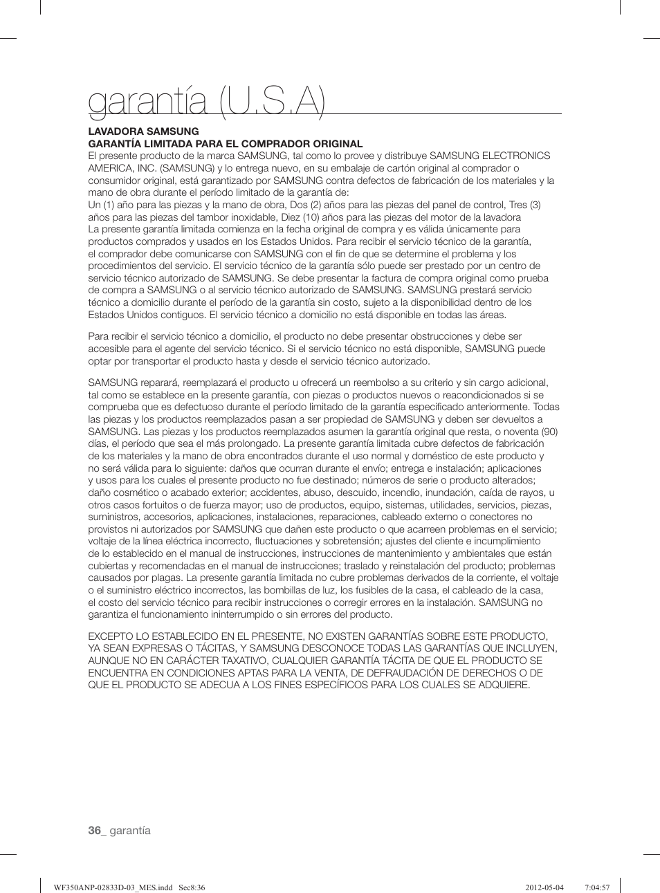 Garantía (u.s.a) | Samsung WF350ANR-XAA User Manual | Page 76 / 120