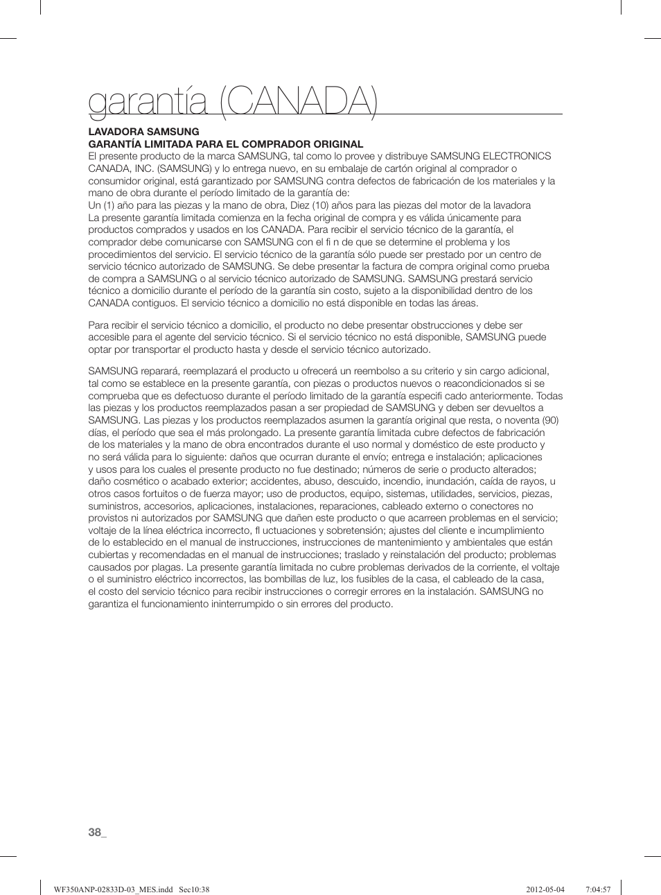 Garantía (canada) | Samsung WF350ANR-XAA User Manual | Page 78 / 120