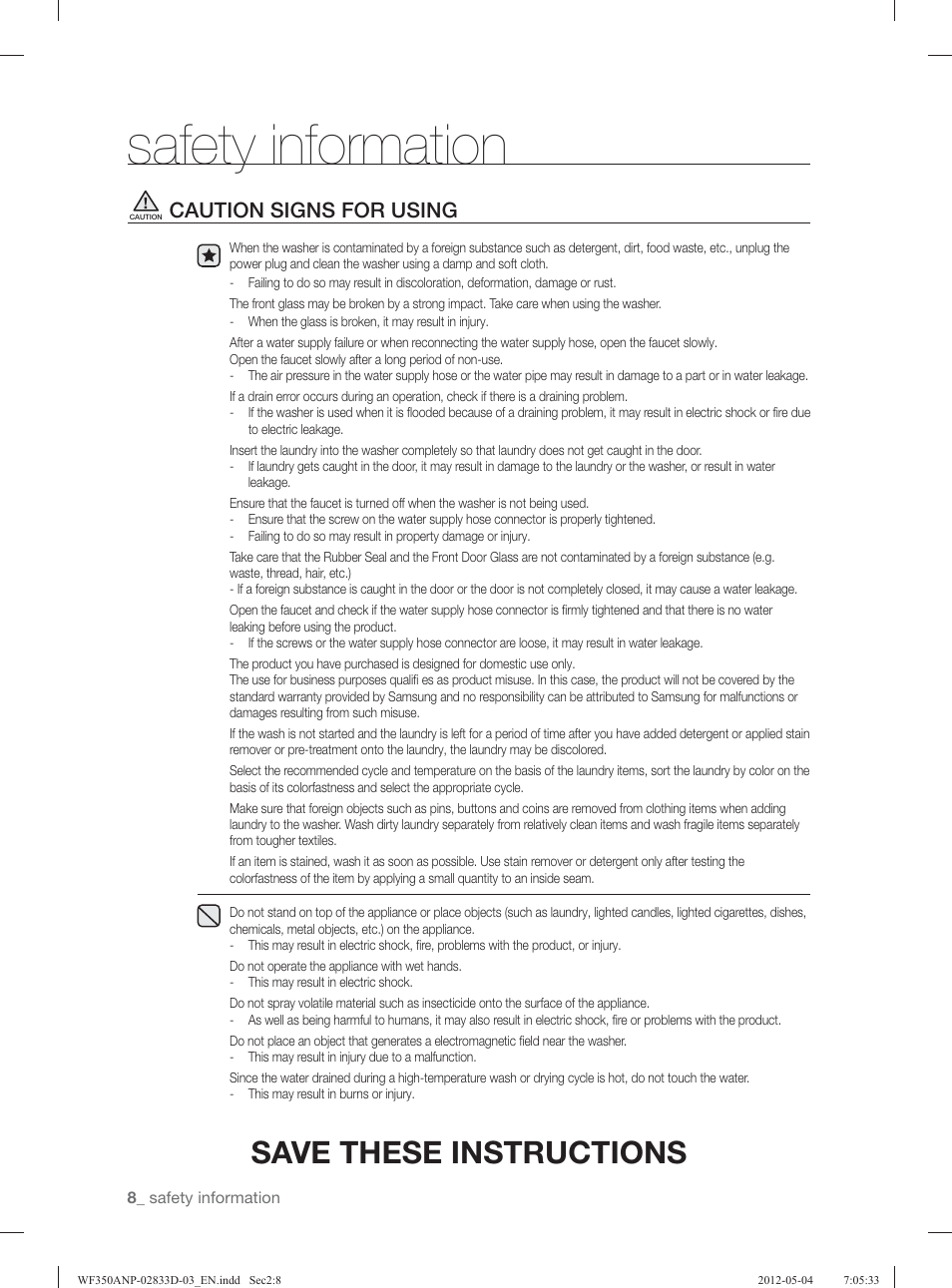 Safety information, Save these instructions, Caution signs for using | Samsung WF350ANR-XAA User Manual | Page 8 / 120