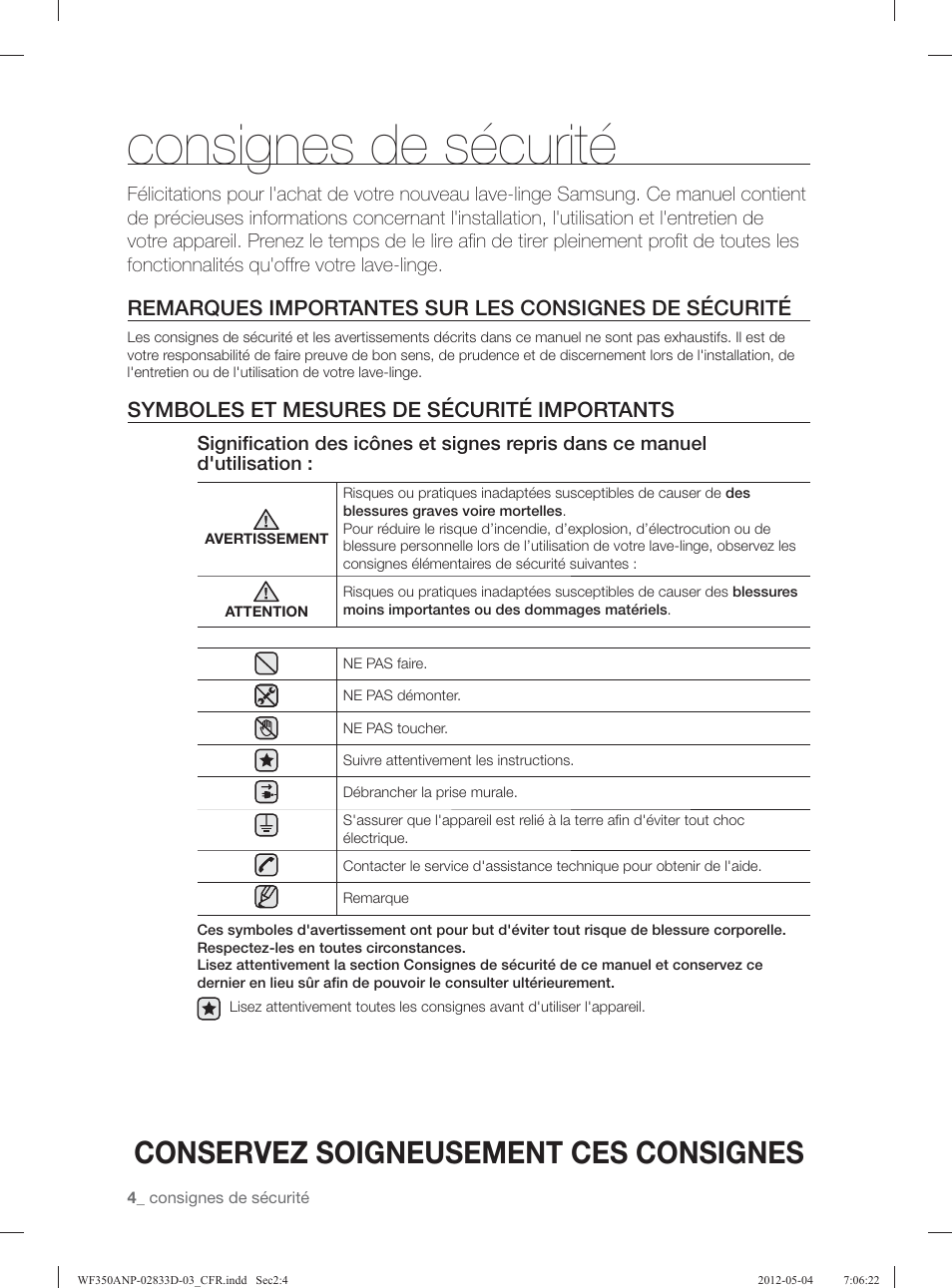 Consignes de sécurité, Conservez soigneusement ces consignes, Symboles et mesures de sécurité importants | Samsung WF350ANR-XAA User Manual | Page 84 / 120
