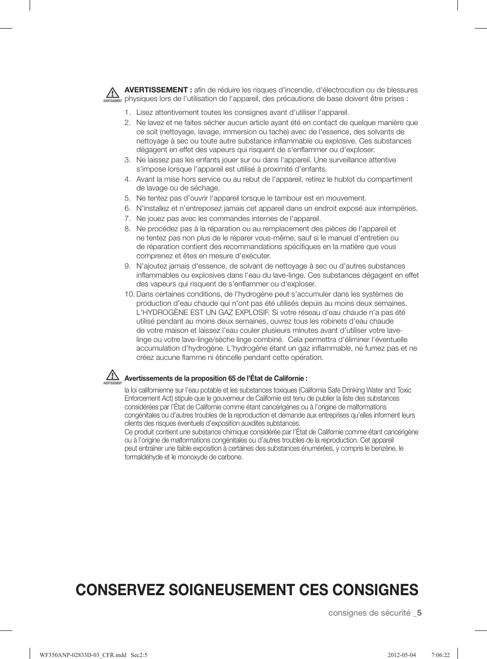 Conservez soigneusement ces consignes | Samsung WF350ANR-XAA User Manual | Page 85 / 120