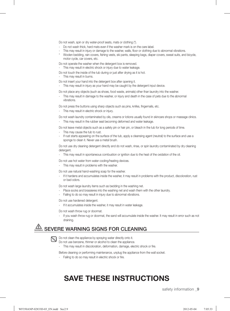 Save these instructions, Severe warning signs for cleaning | Samsung WF350ANR-XAA User Manual | Page 9 / 120