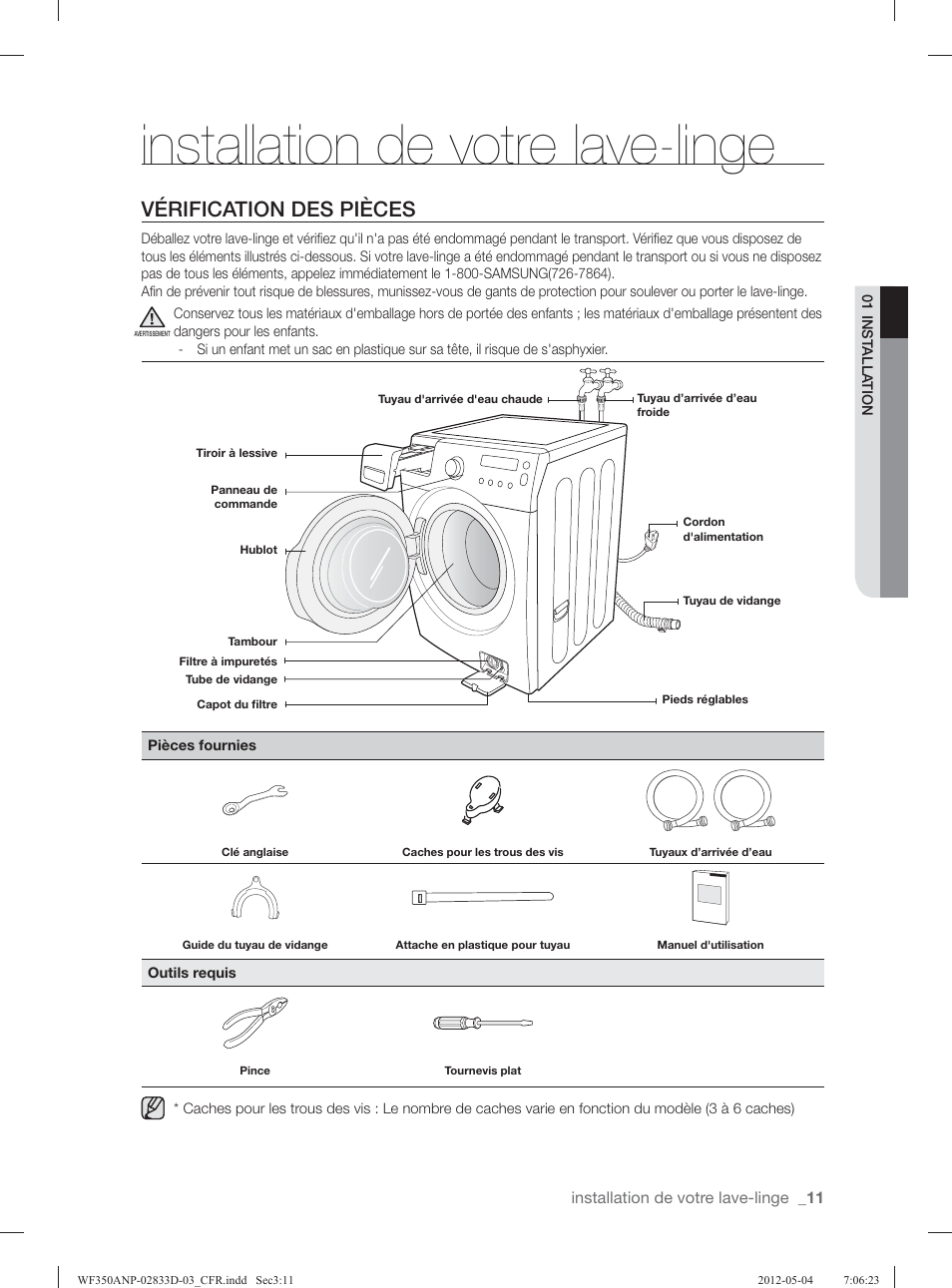 Installation de votre lave-linge, Vérification des pièces, Installation de votre lave-linge _11 | Samsung WF350ANR-XAA User Manual | Page 91 / 120