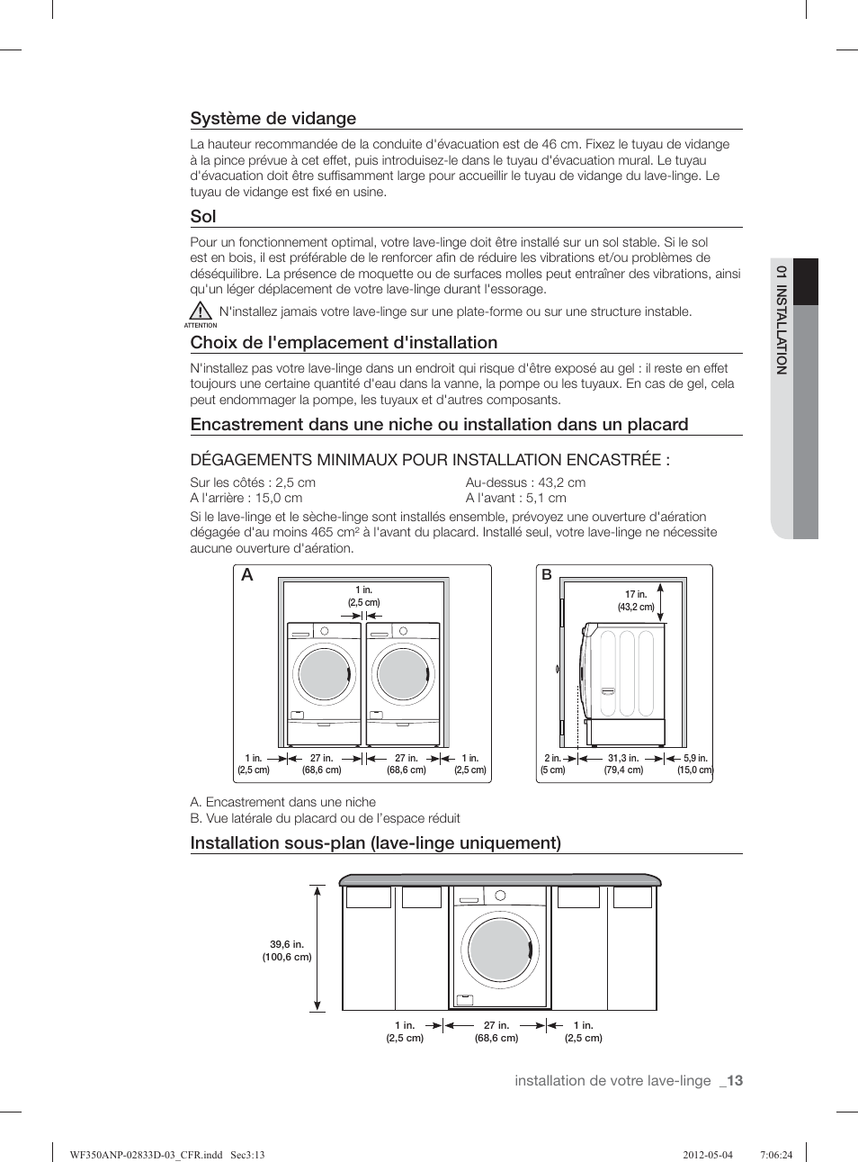 Système de vidange, Choix de l'emplacement d'installation, Installation sous-plan (lave-linge uniquement) | Dégagements minimaux pour installation encastrée | Samsung WF350ANR-XAA User Manual | Page 93 / 120