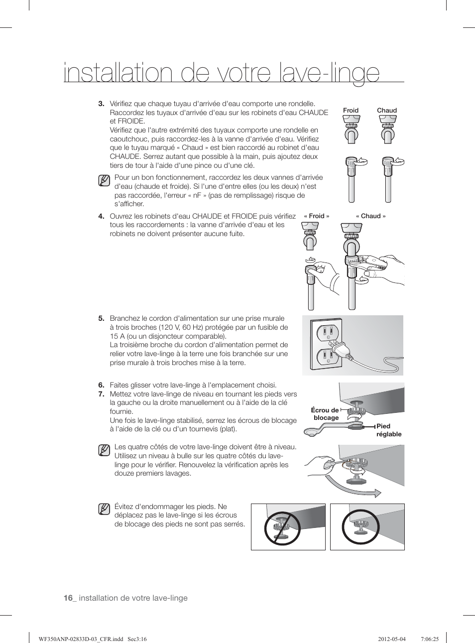 Installation de votre lave-linge | Samsung WF350ANR-XAA User Manual | Page 96 / 120