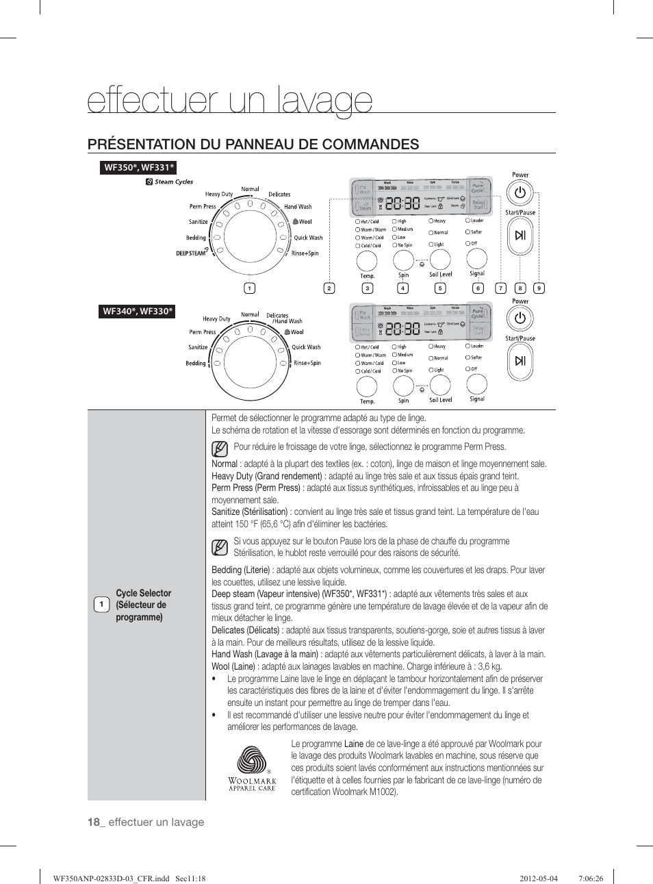 Effectuer un lavage, Présentation du panneau de commandes | Samsung WF350ANR-XAA User Manual | Page 98 / 120