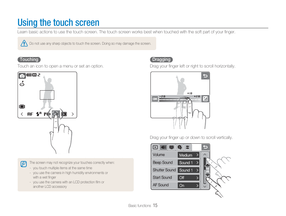 Using the touch screen | Samsung EC-TL34HBBA-US User Manual | Page 16 / 87