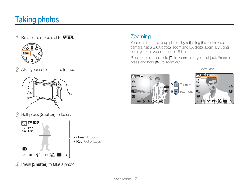 Taking photos, Zooming | Samsung EC-TL34HBBA-US User Manual | Page 18 / 87