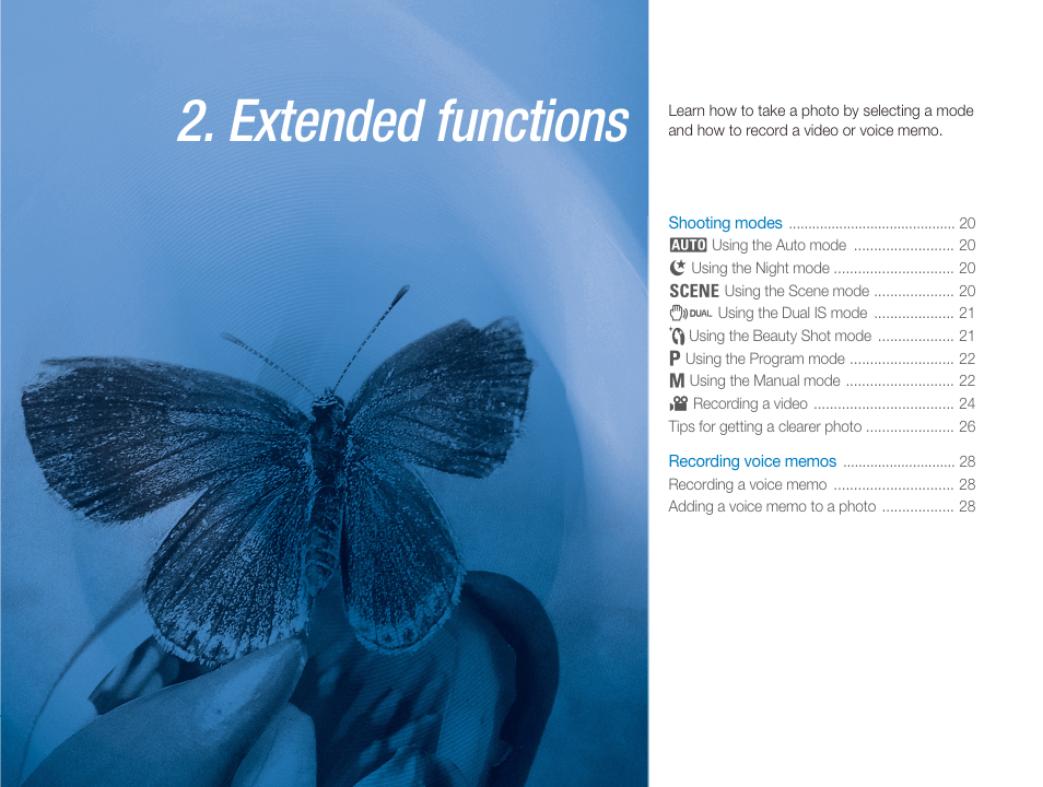 2 extended functions, Extended, Functions | Extended functions | Samsung EC-TL34HBBA-US User Manual | Page 20 / 87