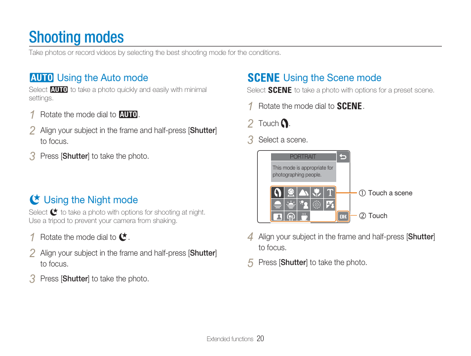 4 mode > portrait, Children, self shot, 6 mode | 4 mode > dawn, firework, 4 mode > close up, food, Shooting modes, 2 using the auto mode, 6 using the night mode, 4 using the scene mode | Samsung EC-TL34HBBA-US User Manual | Page 21 / 87