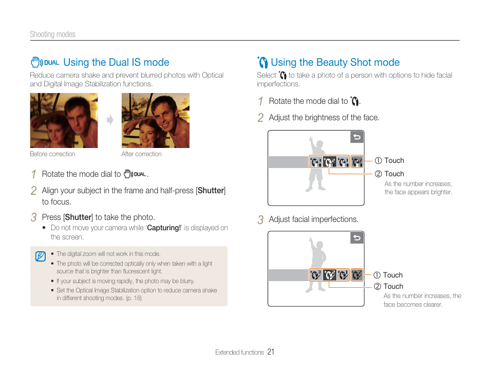 5 mode, 7 mode, 7 using the dual is mode | 5 using the beauty shot mode | Samsung EC-TL34HBBA-US User Manual | Page 22 / 87