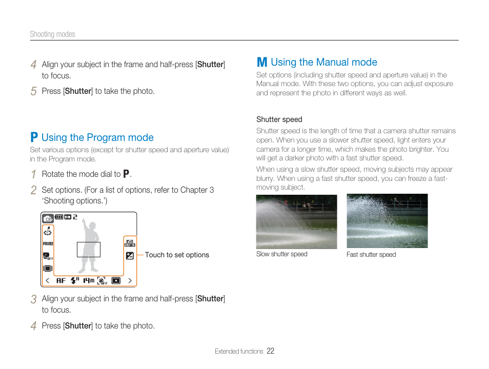 Adjust shutter speed in the, 8 mode, Adjust exposure in the | 1 using the program mode, 8 using the manual mode, 1 using the program mode 8 using the manual mode | Samsung EC-TL34HBBA-US User Manual | Page 23 / 87