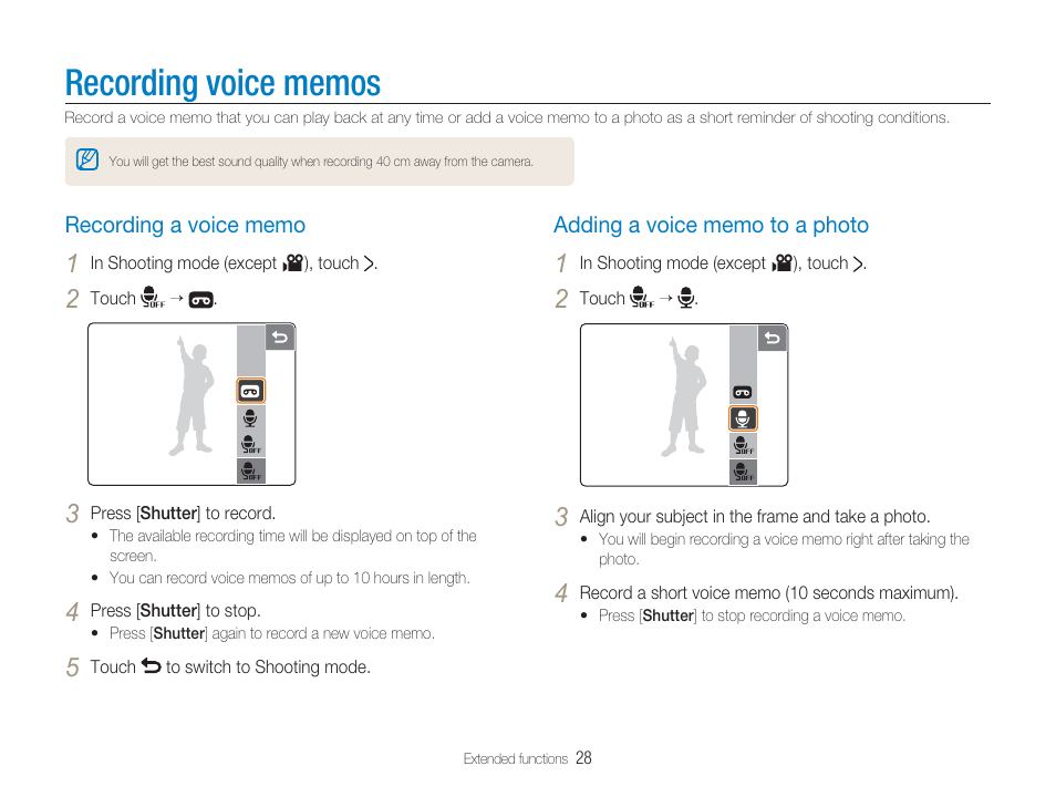 Recording voice memos, Recording a voice memo, Adding a voice memo to a photo | Samsung EC-TL34HBBA-US User Manual | Page 29 / 87